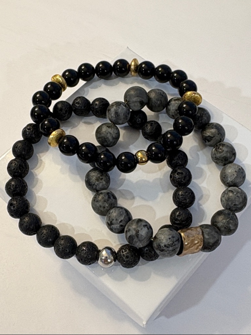 3 Stacked Black & Gray Beaded Lava Stretch Bracelets & Onyx Beads w Gold Accents